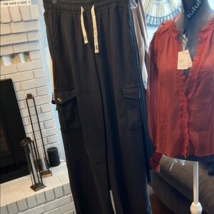 NWOT Black Corduroy Cargo Pants with White Drawstrings